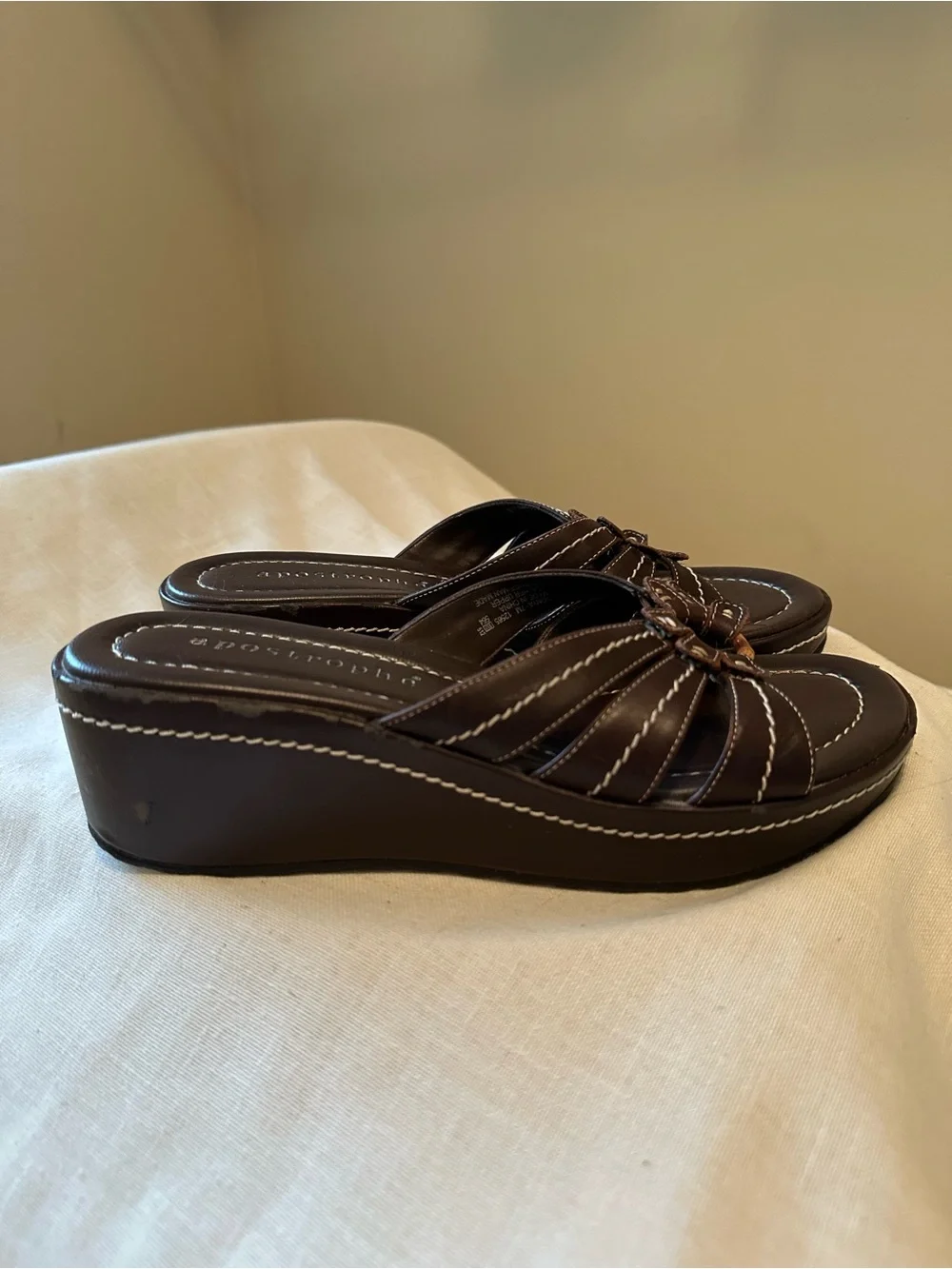 Y2K Apostrophe Sonya Brown Leather Wedge Slide Sandals 7 Boho 90s Chunky Grunge